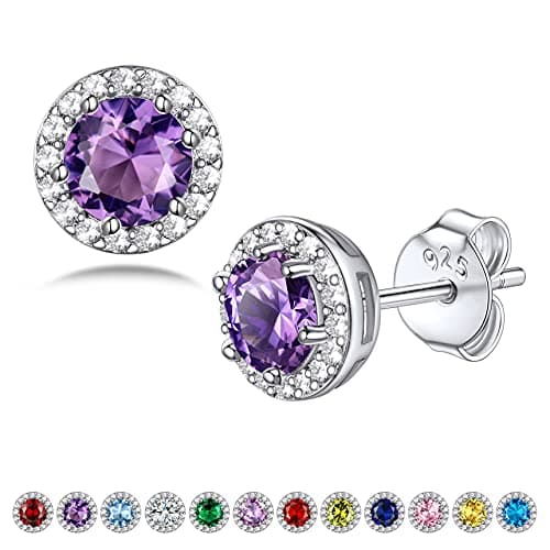 Image of Bestyle Hypoallergenic Sterling Silver Stud Earrings for Women February Birthstone Amethyst Earrings 5mm Round Purple Gem Gift with Cubic Zirconia Jewellery