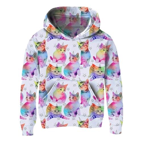 Image of Girls Hoodies Kids Jumper Long Sleeve Pullover Toddler Hooded Top 3D Printed Sweatshirt Funny Clothes with Pocket Pink Cat 9-10 Years