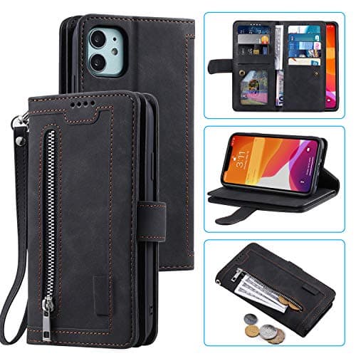 Image of UEEBAI Wallet Case for iPhone 12 mini 5.4 inch, Retro 9 Card Holder Slots Zipper Pocket Handbag Case PU Leather Magnetic Closure Kickstand with Wrist Strap TPU Shockproof folio Case - Black