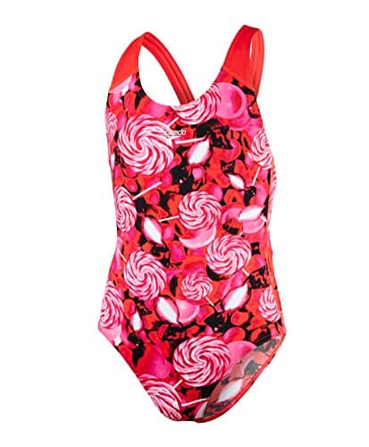 Image of Speedo Girl's Astro Fizz Allover Splashback Swimsuit - Lava Red/Electric Pink/Black, Size 24