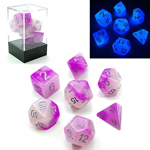 Image of Bescon Two Tone Glowing Polyhedral Dice 7pcs Set FROSTY AMETHYST, Luminous RPG Dice Glow in Dark,DND Role Playing Game Dice