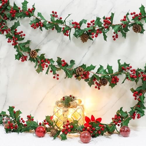 Image of Dremisland 2PCS Christmas Garland Artificial Plants Christmas Table Garland with Red Berries Pine Cone Holly Garland Xmas Wreath Fake Vine Christmas Decorations for Fireplace Gate Indoor Outdoor