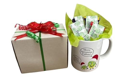 Image of Personalised Christmas Sprout Mug Gift Set with Chocolates, White Ceramic, 325ml, Includes Gift Box and Festive Decorations