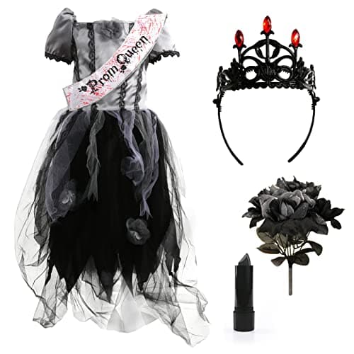 Image of Girls Zombie Prom Queen Halloween Costume - Gothic Fancy Dress Costume Grey & Black Prom Dress, Crown, Queen Sash, Rose Bouquet & Black Lipstick - Xlarge
