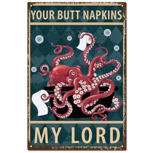 Image of CREATCABIN Octopus Metal Tin Sign Vintage Wall Decor, Retro Painting Plaque Iron Art Mural Hanging for Home Kitchen Bar Restaurant Room Cafe 12 x 8 Inch-YOUR NAPKINS MY LORD