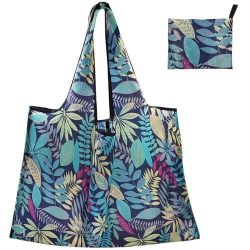Image of FenFang Reusable Shopping Bags Foldable, Extra Large Grocery Bag, Washable Pocket Shopper Bag, Lightweight Handbag Tote Bag Portable Pouch for Daily Travel Picnic, 56 X 67 cm (Blue)