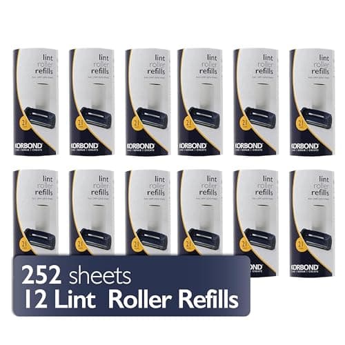 Image of Korbond 12 Pack of Lint Roller Refills - 252 Pre-Cut Sticky Sheets - for ALL Fabric Types - Lint Rollers, Pet Hair Remover, Lint Roller Refills, Dog and Cat Hair Remover, Lint Removers for Clothes