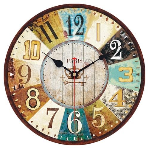 Image of VIKMARI Clocks Battery Operated Wooden Wall Clock Retro Rustic Clock Decorative 14 Inch Arabic Numerals Colorful Silent Non Ticking Wall Clocks for Kitchen Bedroom Home Decor（Colorful,Tuscan）