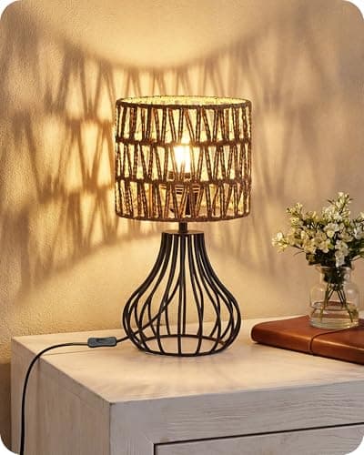 Image of GOEBELSON Bedside Table Lamp, Black Metal Table Lamp with Rattan Paper Lampshade, Modern Bedside Lamps for Bedroom, Industrial Cute Desk Lamp, 4W 2700K LED Bulb Included ZHW10TLK05