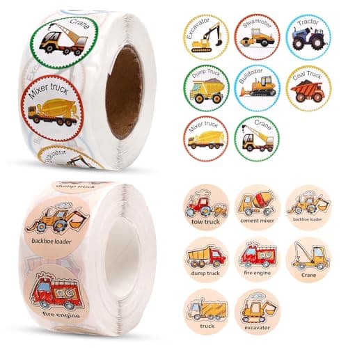 Image of 1000pcs Car & Truck Stickers for Kids, 1 Inch Cartoon Construction Vehicle Decals Round Transportation Tractor Digger Stickers Roll for Boys Toddlers Students Teacher Kindergarten School Reward