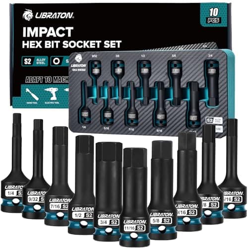 Image of LIBRATON Impact Hex Bit Socket Set, 1/2" Dr, S2 Steel, 10PCS High Torque Sockets (SAE 1/4"-3/4") for Professional Mechanics & Automotive Repair (XPE Storage Case)
