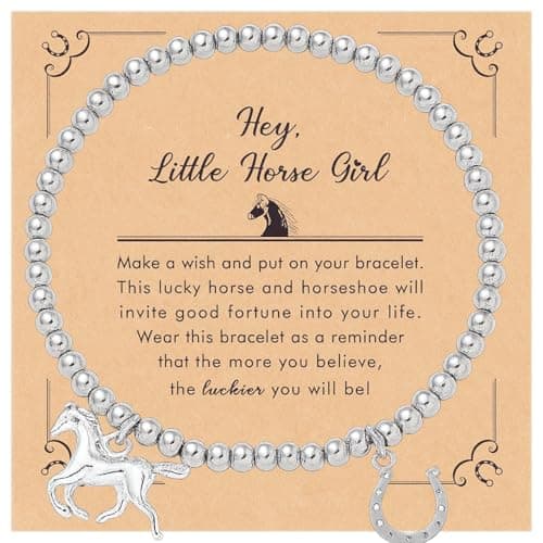 Image of ZoeyShine Silver Horse & Horseshoe Charm Beaded Bracelet for Girls – Cute Pony Jewellery Gift for Kids, Teen Girls & Women – Silver Tone Bead Bracelet for Birthday, Christmas & Horse Lovers
