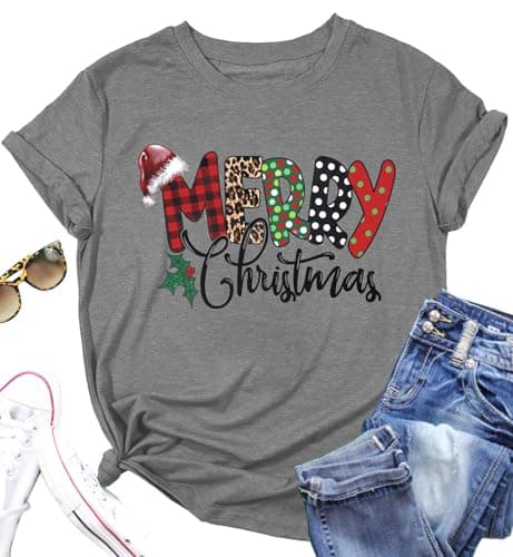 Image of hohololo Christmas T Shirt Womens Merry Christmas Shirt Xmas Short Sleeve Shirts (Grey-f,XXL)