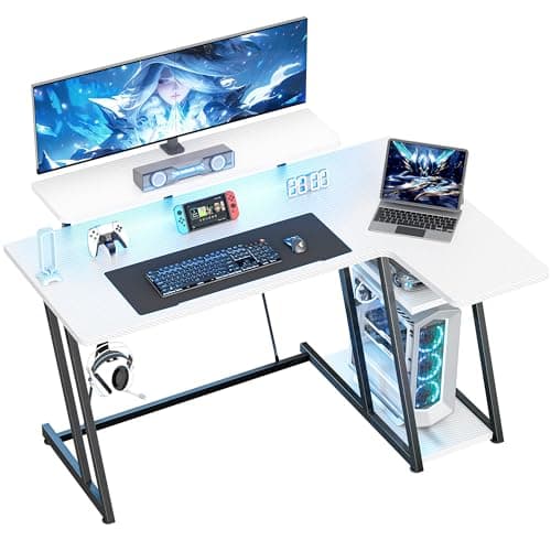 Image of HOMIDEC Gaming Desk with LED Lights, 120CM Computer Desk with Monitor Stand, L Shaped Corner Desk with Headphone Hook and Shelves for Gaming Room, Bedroom, Office, White