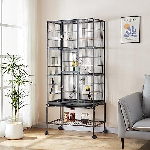 Image of Panana Large Bird Cages Parrot Cage Wide Flight Metal Animal Cage for Budgie Parakeet Conure With Rolling Stand Wheels (Black, 77L x 46W x 175H)