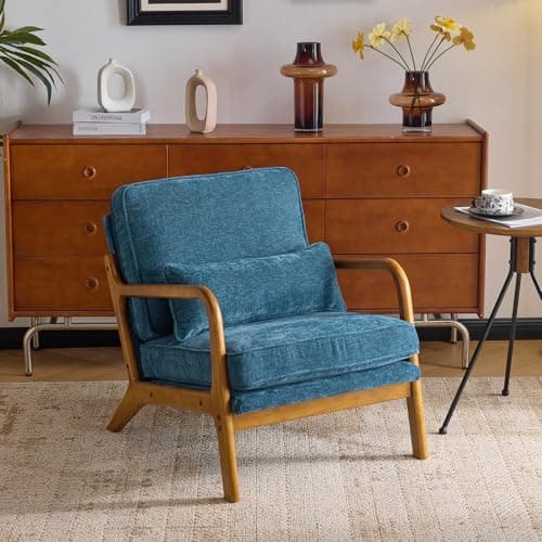 Image of Bonnlo Accent Chair, Soild Wood Padding Lounge Armchairs, Occasional Reading Chair with Cushions and Lumbar Pillow, Armchairs for Living Room, Bedroom, Guest Room, Chenille, Blue