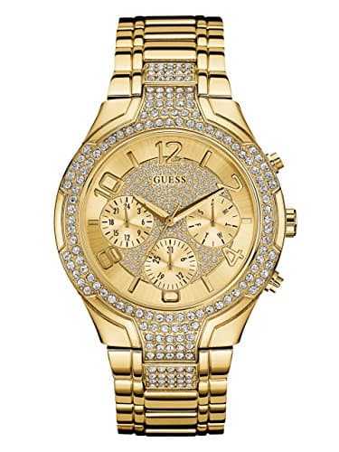Image of Guess Women's Gold-Tone Stainless Steel Crystal Embellished Bracelet Watch with Day, Date + 24 Hour Military/Int'l Time. Color: Gold-Tone (Model: U0628L2)