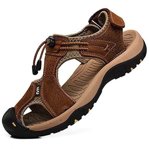 Image of rismart Men's Closed-Toe Hook&Loop Outdoor Hiking Leather Shoes Sandals SN1505(Brown,10 UK)