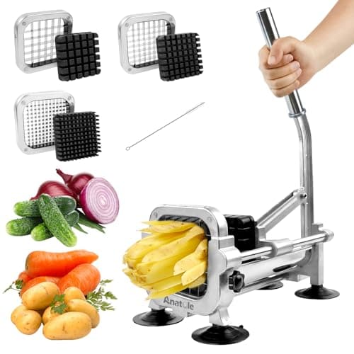 Image of Anatole Potato Chipper Professional Chip Cutter Stainless Steel with 1/4'' 3/8'' 1/2'' Blades Manual French Fry Cutter Veggie Chopper Home Use for Onions Carrots Cucumbers