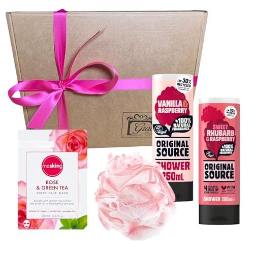 Image of Gracehill Gifts Shower Gel Gift Set for Her – Original Source Vanilla & Raspberry, Rhubarb & Raspberry (250ml), Shower Puff & Rose + Tea Tree Face Mask – Fruity Pamper Set for Teens & Women