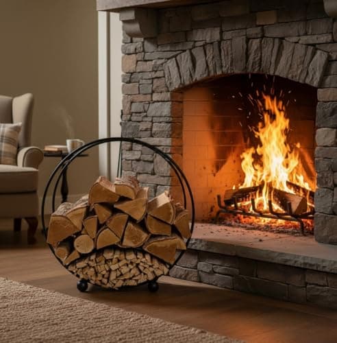 Image of GAP GARDEN PRODUCTS - Solid Steel Circular fireside firewood rack with a Integrated Kindling rack/storage
