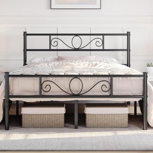 Image of Yaheetech 5ft King Metal Bed Frame Solid Bedstead Base with Headboard and Footboard, Metal Slat Support and Underbed Storage Space, Black