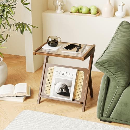 Image of Bamworld Rattan Side Table Boho NightStand Mid Century Modern End Table Glass Bedside Table Small End Tables Bamboo Coffee Table with Storage Record Player Stand for Living Room Bedroom