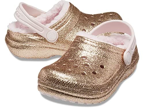 Image of Crocs Classic Lined Glitter Clog (Little Kid/Big Kid), Gold/Barely Pink, 3 UK