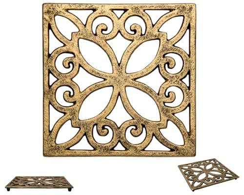 Image of Decorative Cast Iron Trivet For Kitchen Or Dining Table | Square with Vintage Pattern - 6.5 x 6.5" | With Rubber Pegs/Feet - Recycled Metal | Vintage, Rustic Design | by Comfify