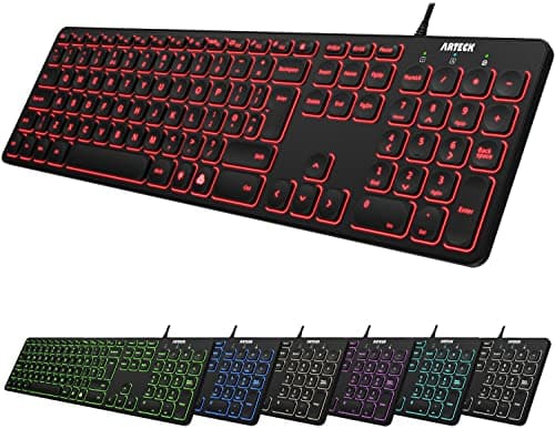 Image of Arteck USB Wired Keyboard Universal Backlit 7-Colors & Adjustable Brightness Full Size Keyboard with 1.8M Wire, Numeric Keypad and Media Hotkey for Computer Desktop PC Laptop and Windows 11 10 8 7