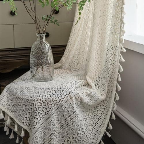 Image of USTIDE 2-Panel Crochet Curtains 150x220cm - Beige Boho Lace Window Drapes with Tassels | Rod-Pocket Net Curtains for Living Room Kitchen Dining Decor