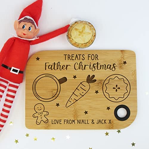Image of eBuyGB Personalised Christmas Eve Plate, Small Wooden Treats for Father Christmas Board, Mince Pie for Santa, Carrot and Milk for Reindeers, Xmas Eve Board