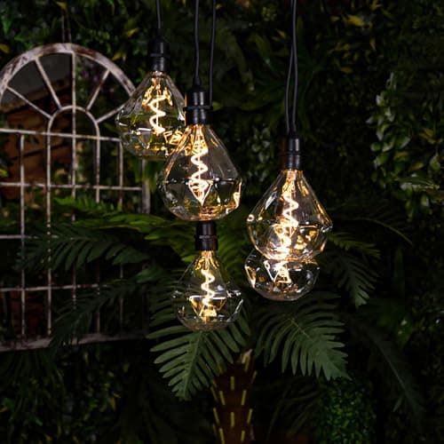 Image of Battery Powered Diamond Bulb 5 Drop Pendant Light with White LED’s – 14 Lumen Weatherproof Indoor Outdoor Home Garden Hanging Staggered Height Lighting for Patio, Decking, Balcony, Yard, Pergola, Tent