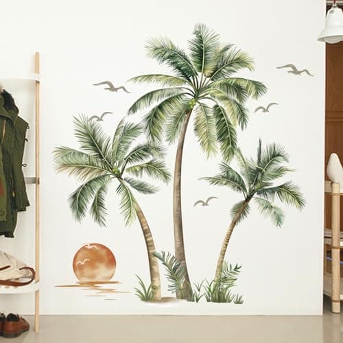 Image of decalmile Boho Palm Tree Wall Stickers Tropical Plant Sunset Wall Decals Living Room Bedroom Office Wall Decor (Tree H: 53 inches/135 cm)