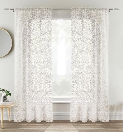 Image of Tyrone Textiles Pair of Willow Natural Leaf Print Linen Look Sheer Voile Panels 137 CMS