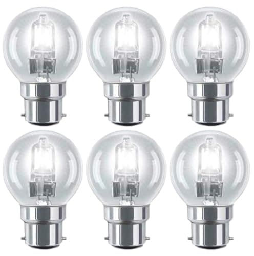 Image of 6 Pack 18W=(25W) BC B22 Traditional EcoClassic G45 Golf Ball Bulbs Dimmable, 235 Lumen, 2700K Warm White, AC 230V B22 Bayonet, Clear Round, for Most Chandeliers, Lamps, Wall Lights, Pendants