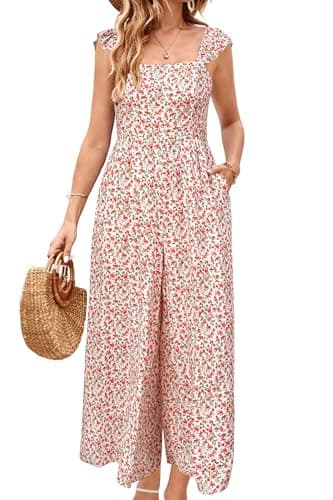 Image of LAISHEN Jumpsuits Women Ruffle Sleevelesss Playsuits Square Neck Smocked Wide Leg Overalls with Pockets (Floral-B,S)