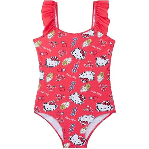 Image of Hello Kitty Sanrio Girls Swimming Costume 5-14 Yrs, One Piece Swimsuit, UPF 50+ Beach & Pool Anime Bathing Suit & Swimwear (5-6 Years, Red Hello Kitty)
