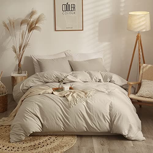 Image of AMWAN Solid Beige Duvet Cover Full Size - Soft Washed Cotton Bedding Set, Modern Boho Style Comforter Cover With 2 Pillow Shams