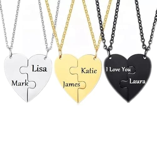 Image of Mandore Designs Personalised Split Heart Engraved Name Couple Necklace Two Pieces Gift (Front And Back/Both Sides Engraving, Rose-Gold)