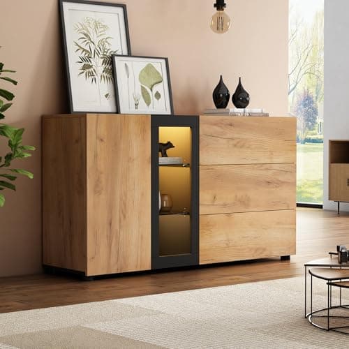 Image of FammyLoft Modern Sideboard for Living Room, Wooden Storage Cabinet with 1 Door and 3 Drawers, Storage Units with Glass for Living Room, Entryway, Hallway, 140 x 40 x 80 cm, Brown and Black