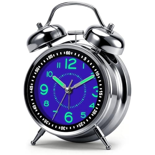 Image of Twin Bell Alarm Clock, Extra Loud Ring for Heavy Sleepers & Deep Sleep Adults, Battery Operated, Silent Non-Ticking Mechanism with Luminous Numerals, Elegant Retro Metal Design for Bedroom (Blue)