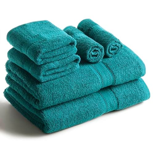 Image of SweetNeedle 6 Piece Towel Set - 2 Bath Towels, 2 Hand Towels and 2 Washcloths Cotton Daily Use Hotel Spa Quality Soft Highly Absorbent Quick Dry Light Weight (Teal)