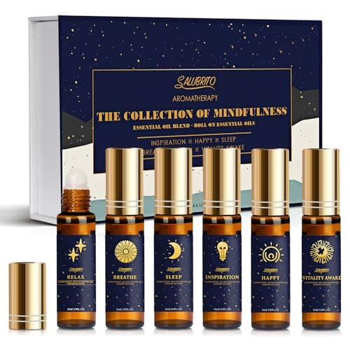 Image of SALUBRITO Essential Oil Roll On Set, 6x10ml Aromatherapy Oil Roller Ball with Lavender, Peppermint Essential Oil Blend for Skin, Anxiety Relief, Relaxation Gift for Women - Sleep, Breathe