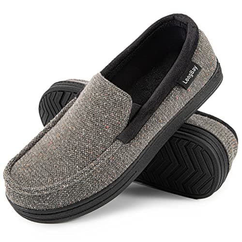 Image of LongBay Men's Memory Foam Moccasin Slippers Plush Fleece House Slipper in Indoor Outdoor Shoes, Grey, 8 UK