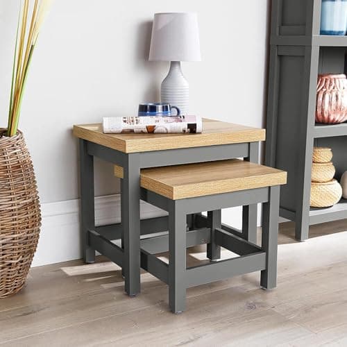 Image of Home Source Nest of 2 Occasional Side End Tables, Stackable, Oak Effect, Dark Grey