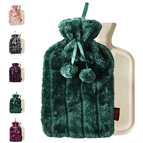 Image of Ram® 2 Litre Cosy Green Emerald Luxury Hot Water Bottle with Faux Fur Cover and Pom Poms Green