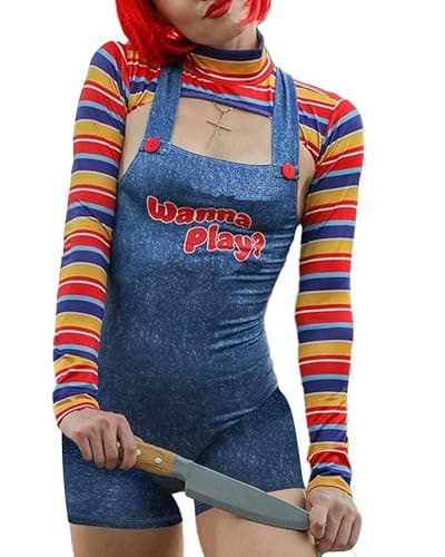 Image of Felcia Women's Halloween Chucky Costume Letter Print Scary Nightmare Killer Doll Wanna Play Movie Character Bodysuit (A-Blue, M)