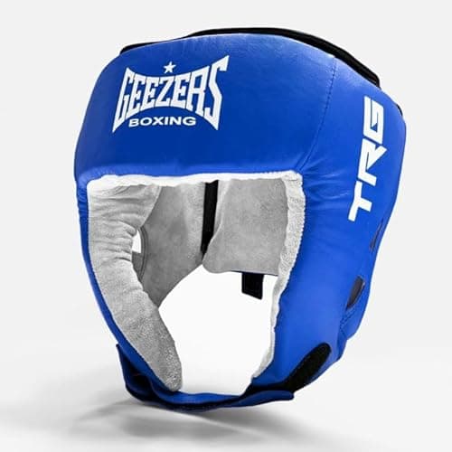 Image of Geezers Boxing Leather TRG Training Headguard Open Face Head Guard for Boxing, MMA Sparring, PU Material Headgear .Ideal Headguard for Men and Women (Medium, Blue)