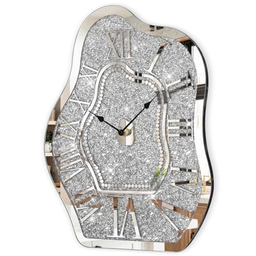 Image of FEUFOAM Modern Wall Clock for Living Room Decor Silver Crystal Crush Diamond Mirrored Clocks Irregular Mirror Clock Unique Wall Decorative for Bedroom Kitchen Dining Room